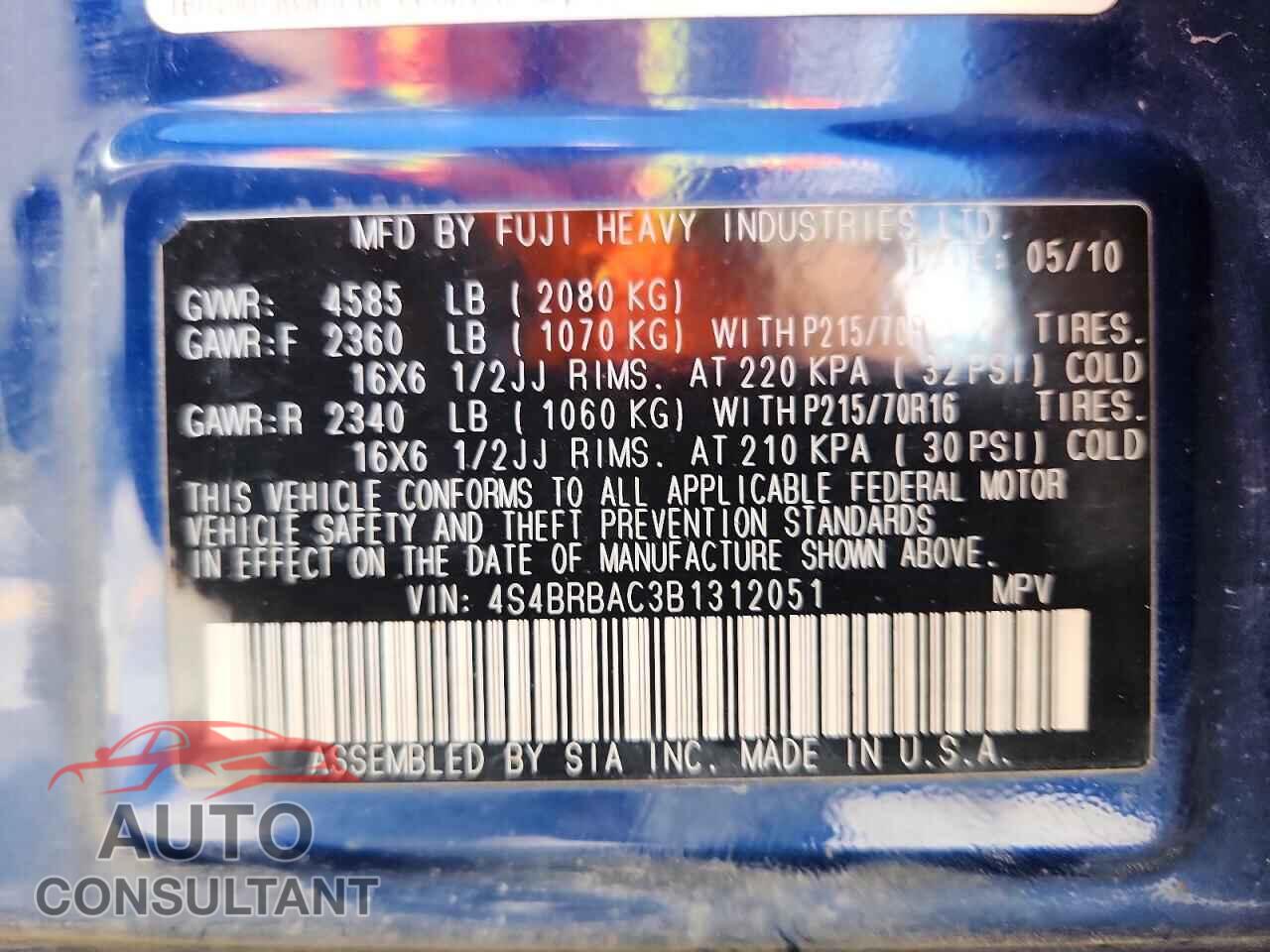 SUBARU OUTBACK 2011 - 4S4BRBAC3B1312051