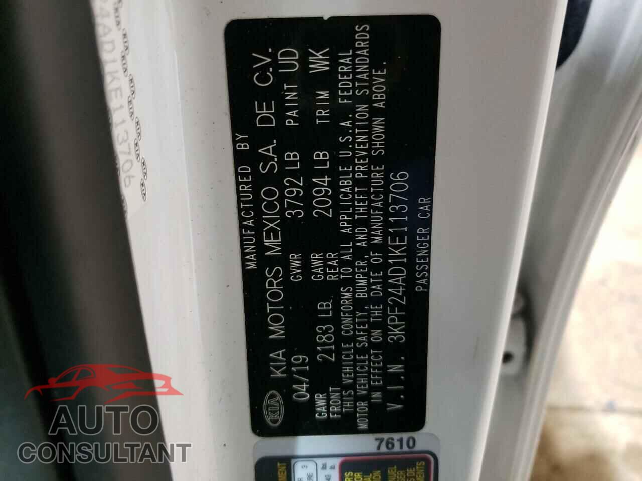 KIA FORTE 2019 - 3KPF24AD1KE113706