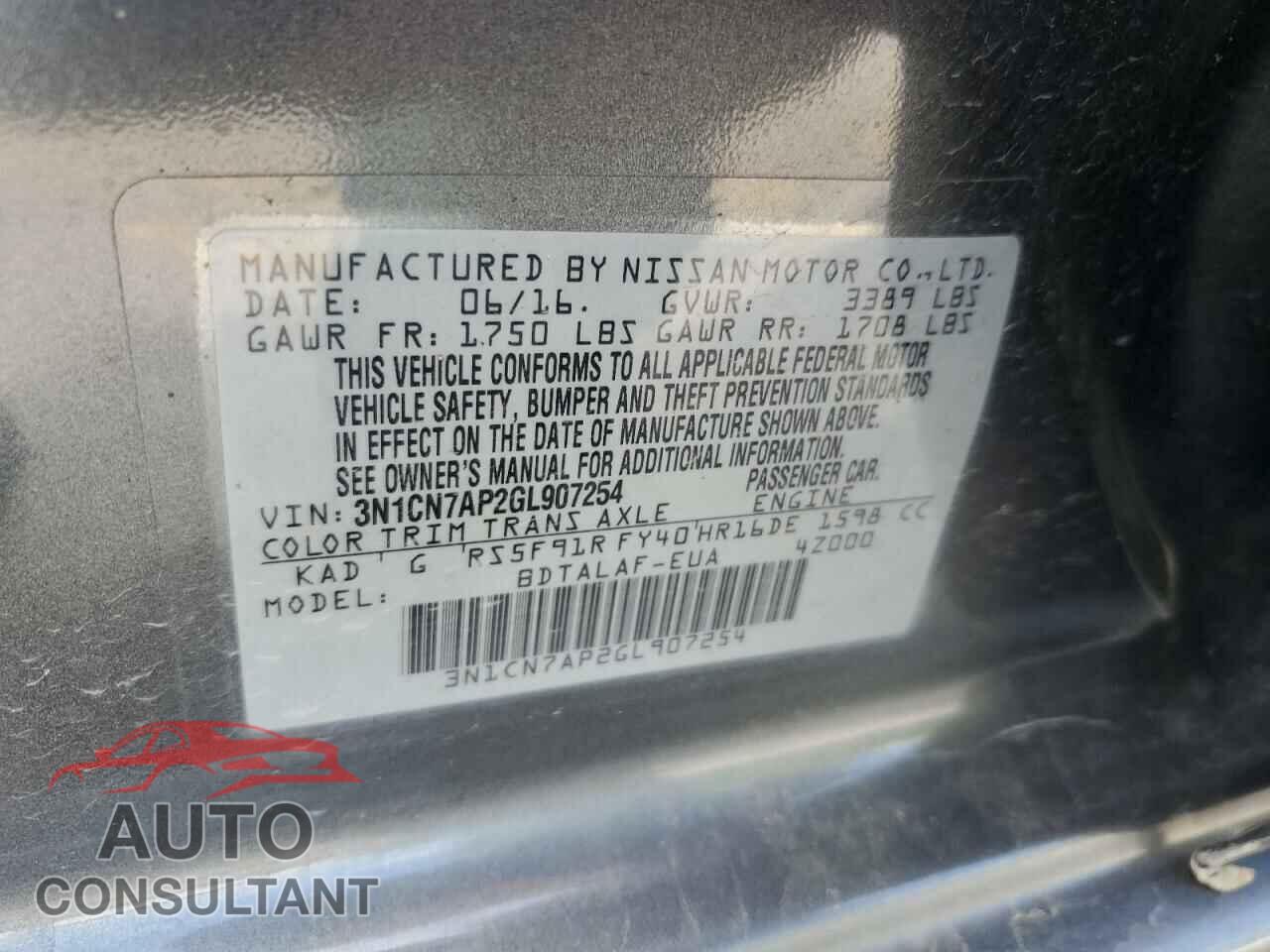 NISSAN VERSA 2016 - 3N1CN7AP2GL907254