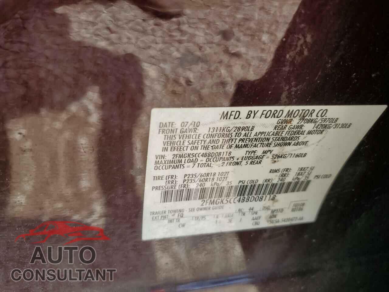 FORD FLEX 2011 - 2FMGK5CC4BBD08118
