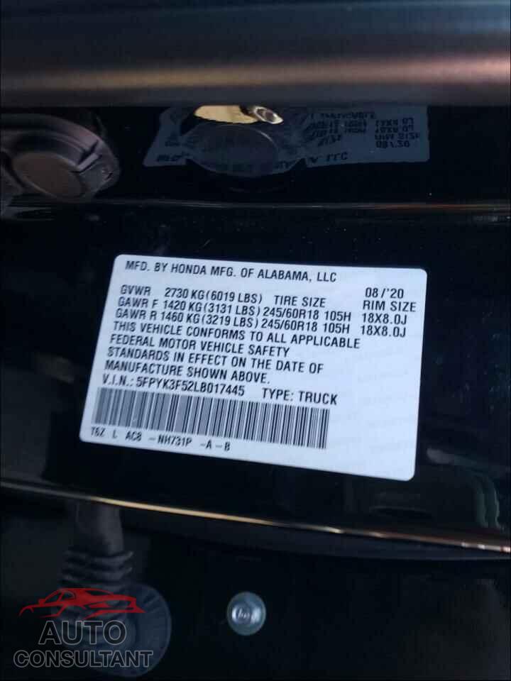 HONDA RIDGELINE 2020 - 5FPYK3F52LB017445