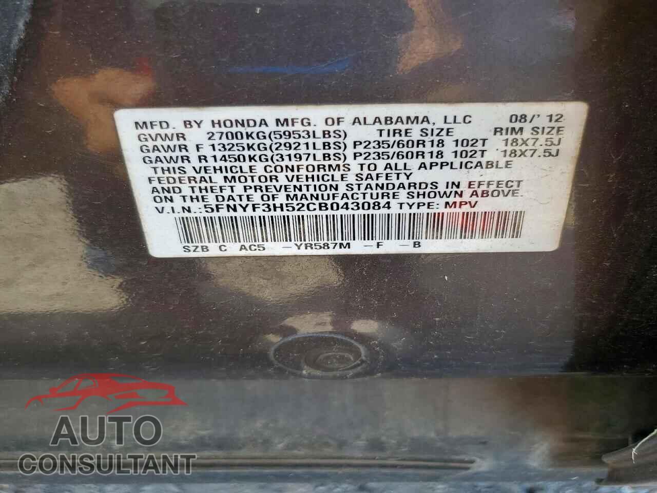 HONDA PILOT 2012 - 5FNYF3H52CB043084