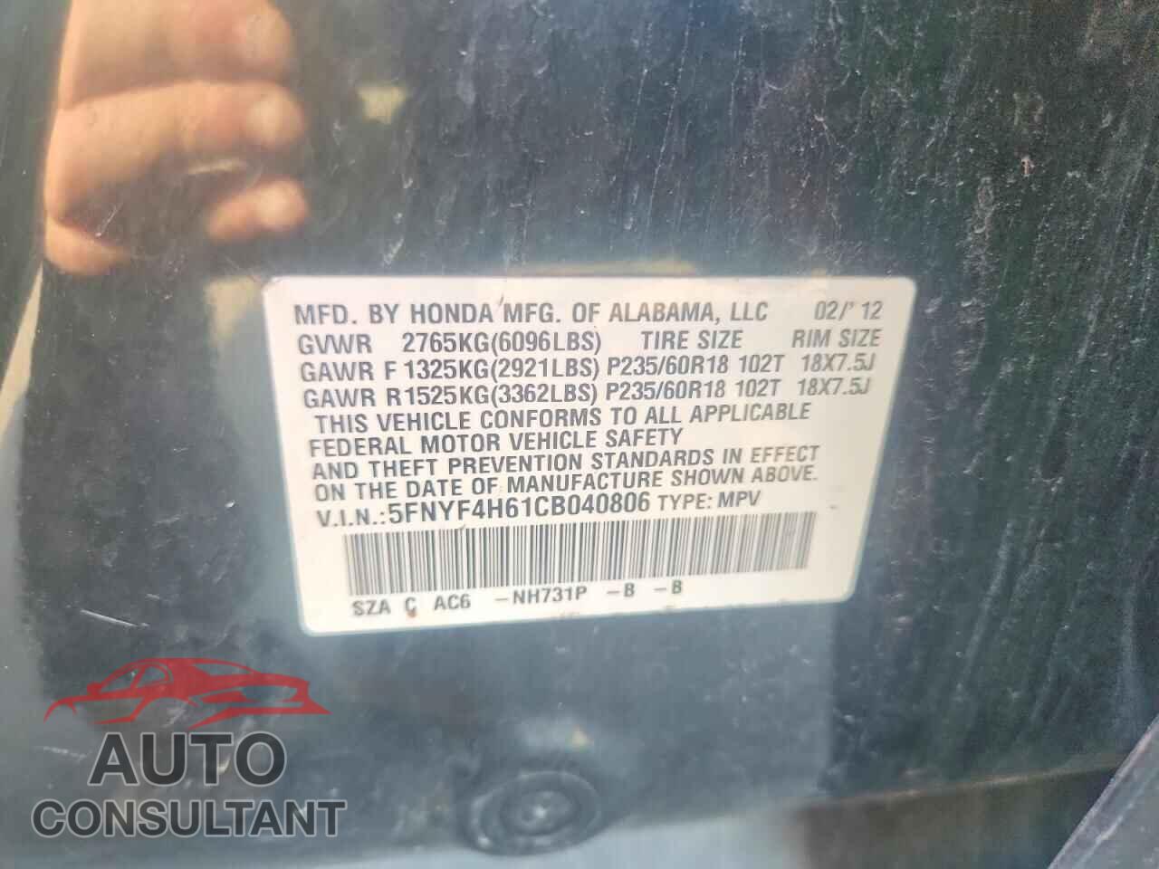 HONDA PILOT 2012 - 5FNYF4H61CB040806