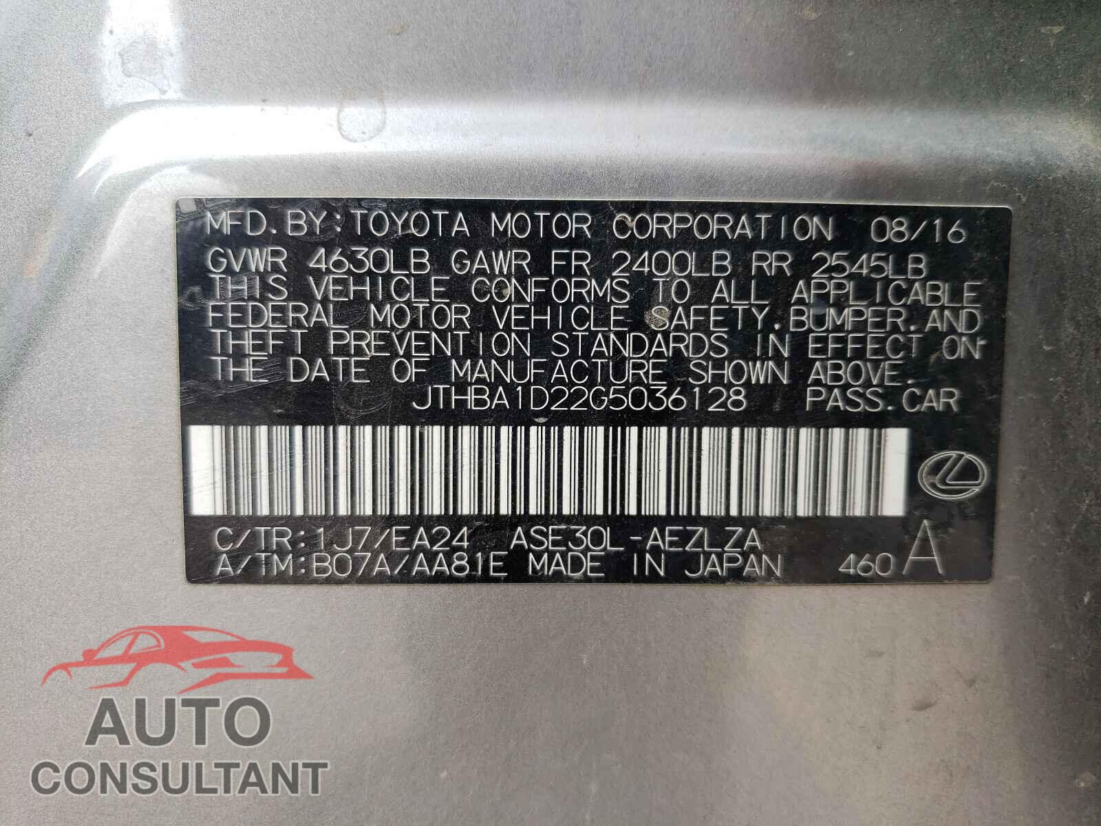LEXUS IS 2016 - JTHBA1D22G5036128