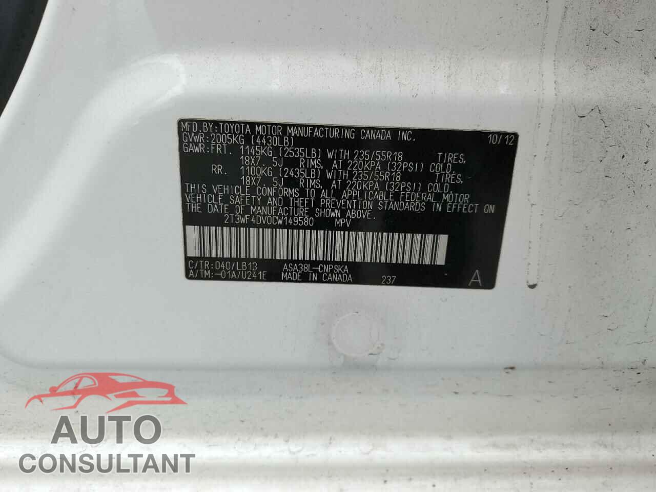 TOYOTA RAV4 2012 - 2T3WF4DV0CW149580