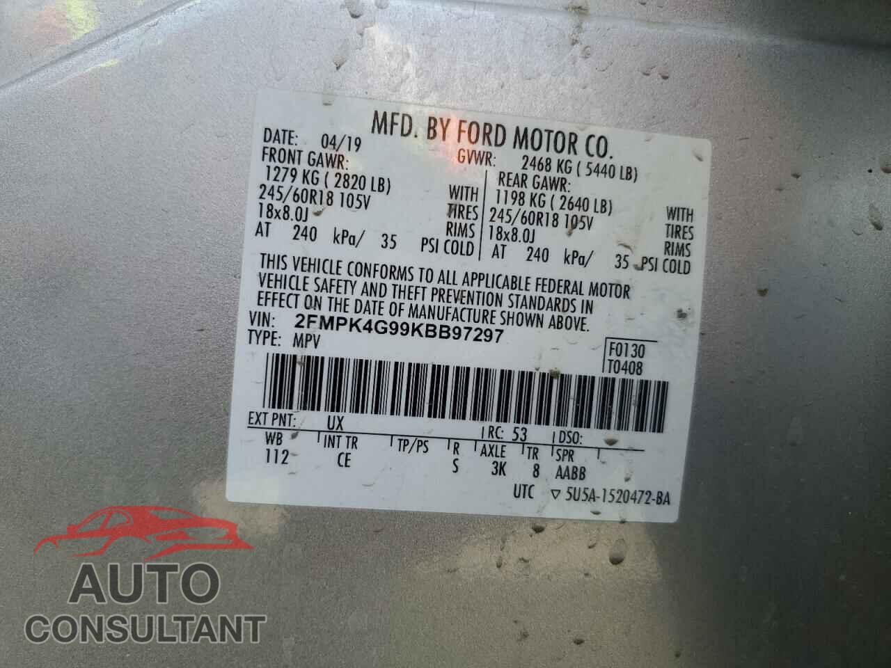 FORD EDGE 2019 - 2FMPK4G99KBB97297