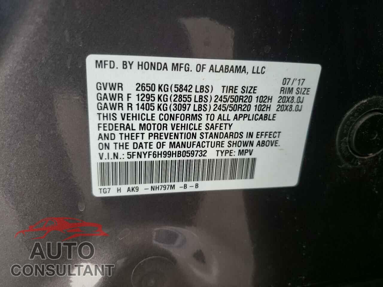 HONDA PILOT 2017 - 5FNYF6H99HB059732