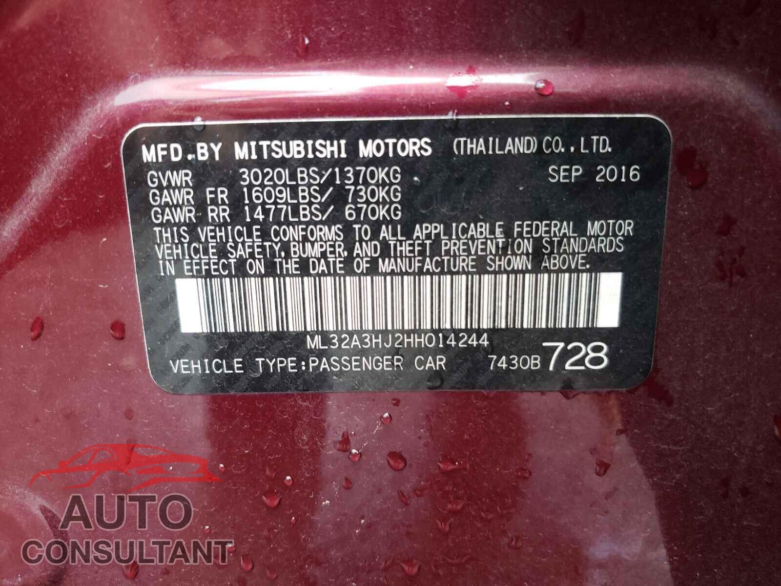 MITSUBISHI MIRAGE 2017 - ML32A3HJ2HH014244