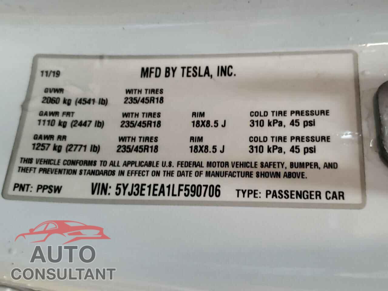 TESLA MODEL 3 2020 - 5YJ3E1EA1LF590706