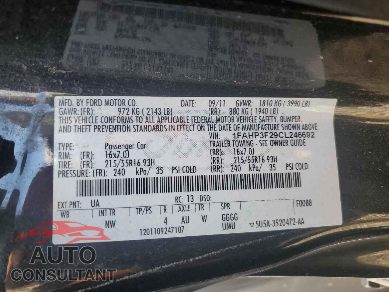 FORD FOCUS 2012 - 1FAHP3F29CL246692