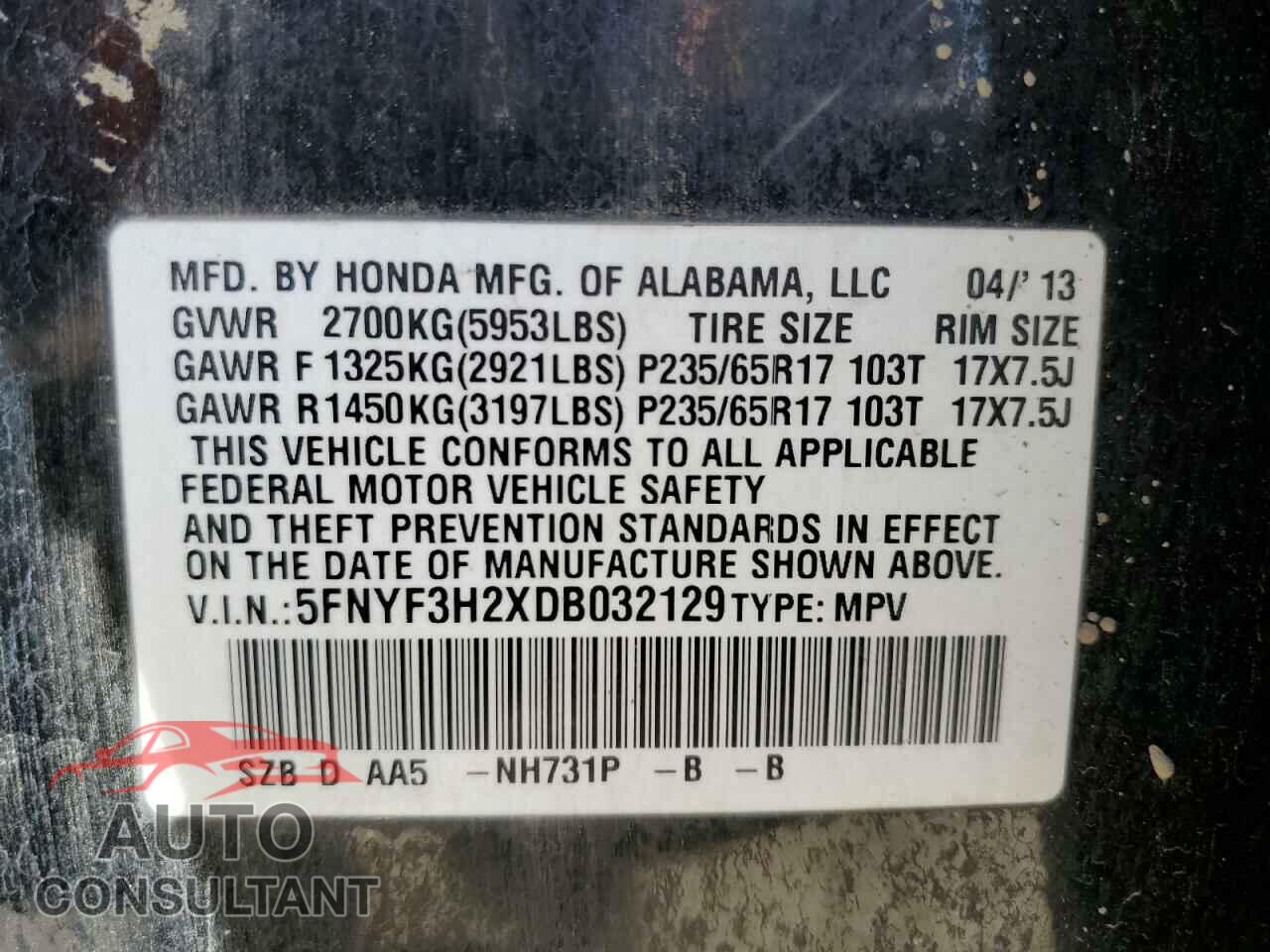 HONDA PILOT 2013 - 5FNYF3H2XDB032129