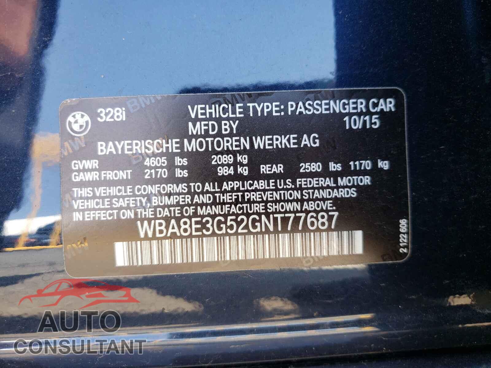 BMW 3 SERIES 2016 - WBA8E3G52GNT77687
