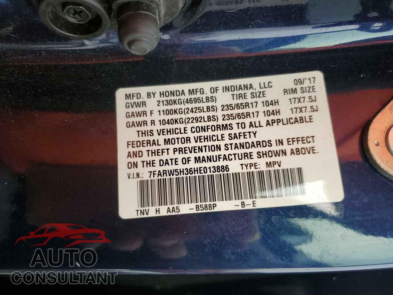 HONDA CRV 2017 - 7FARW5H36HE013886