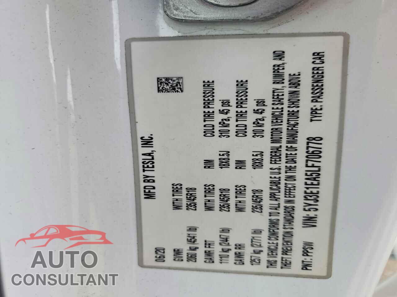TESLA MODEL 3 2020 - 5YJ3E1EA5LF706778