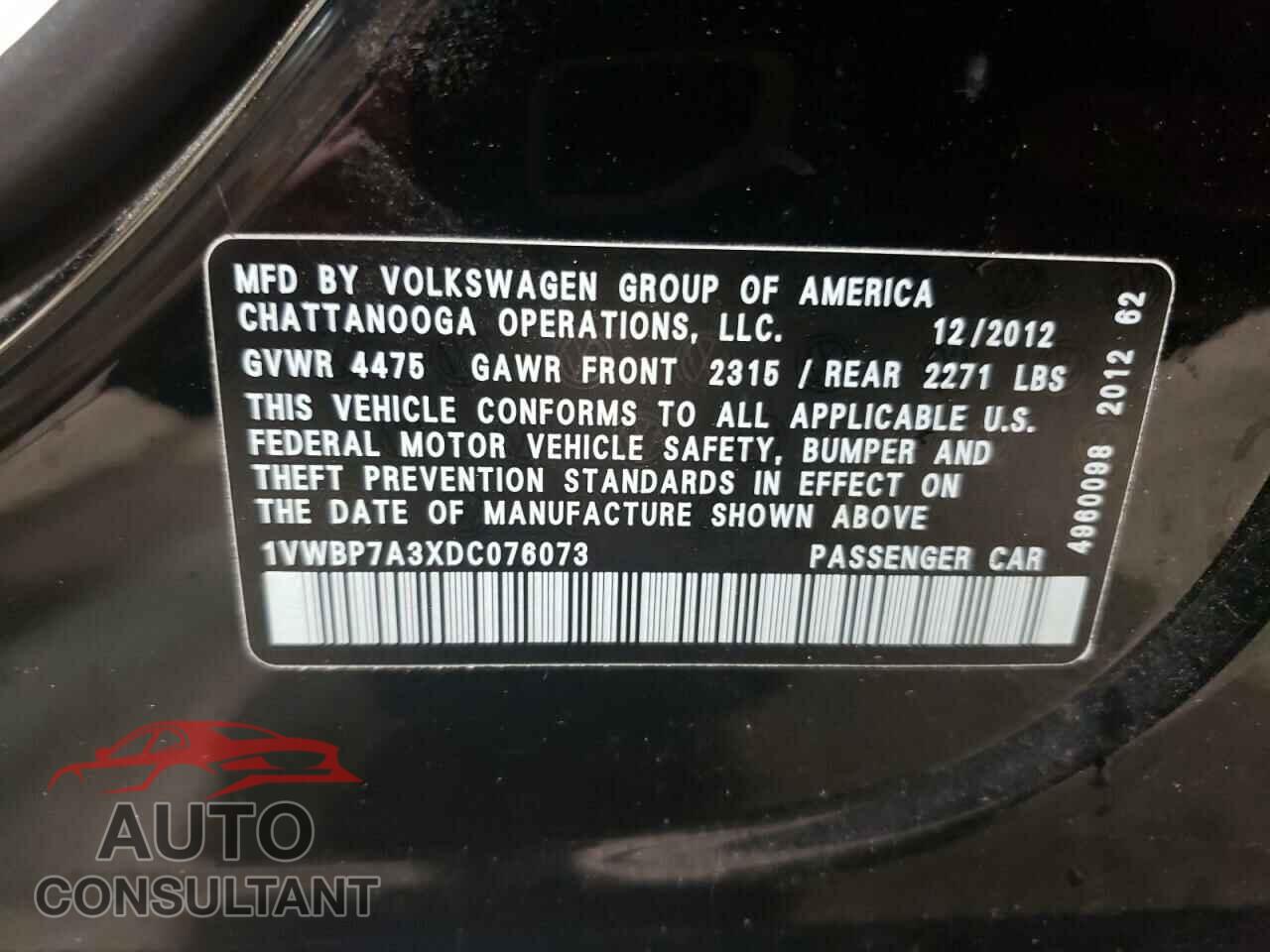 VOLKSWAGEN PASSAT 2013 - 1VWBP7A3XDC076073
