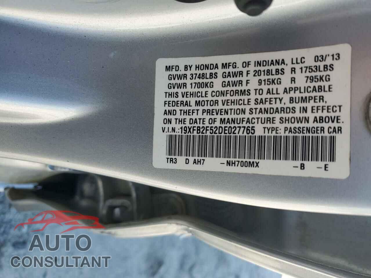 HONDA CIVIC 2013 - 19XFB2F52DE027765