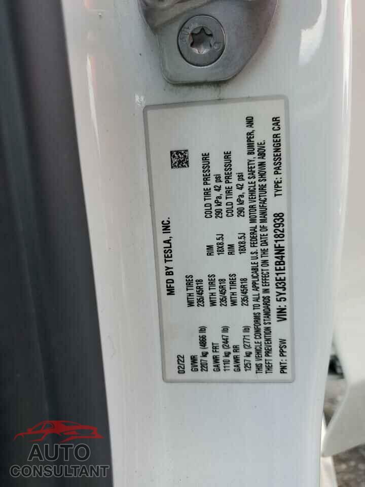 TESLA MODEL 3 2022 - 5YJ3E1EB4NF182938