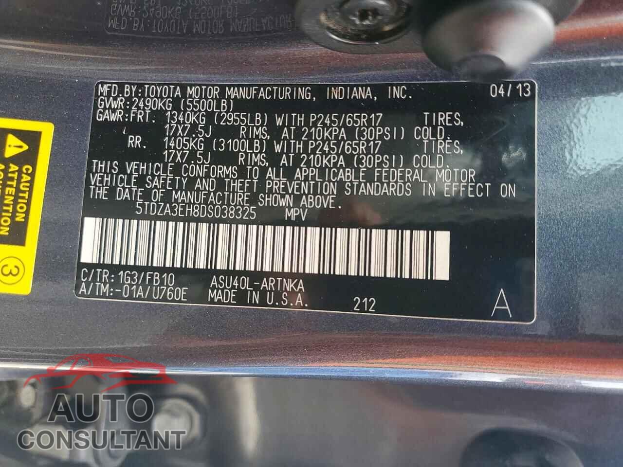 TOYOTA HIGHLANDER 2013 - 5TDZA3EH8DS038325