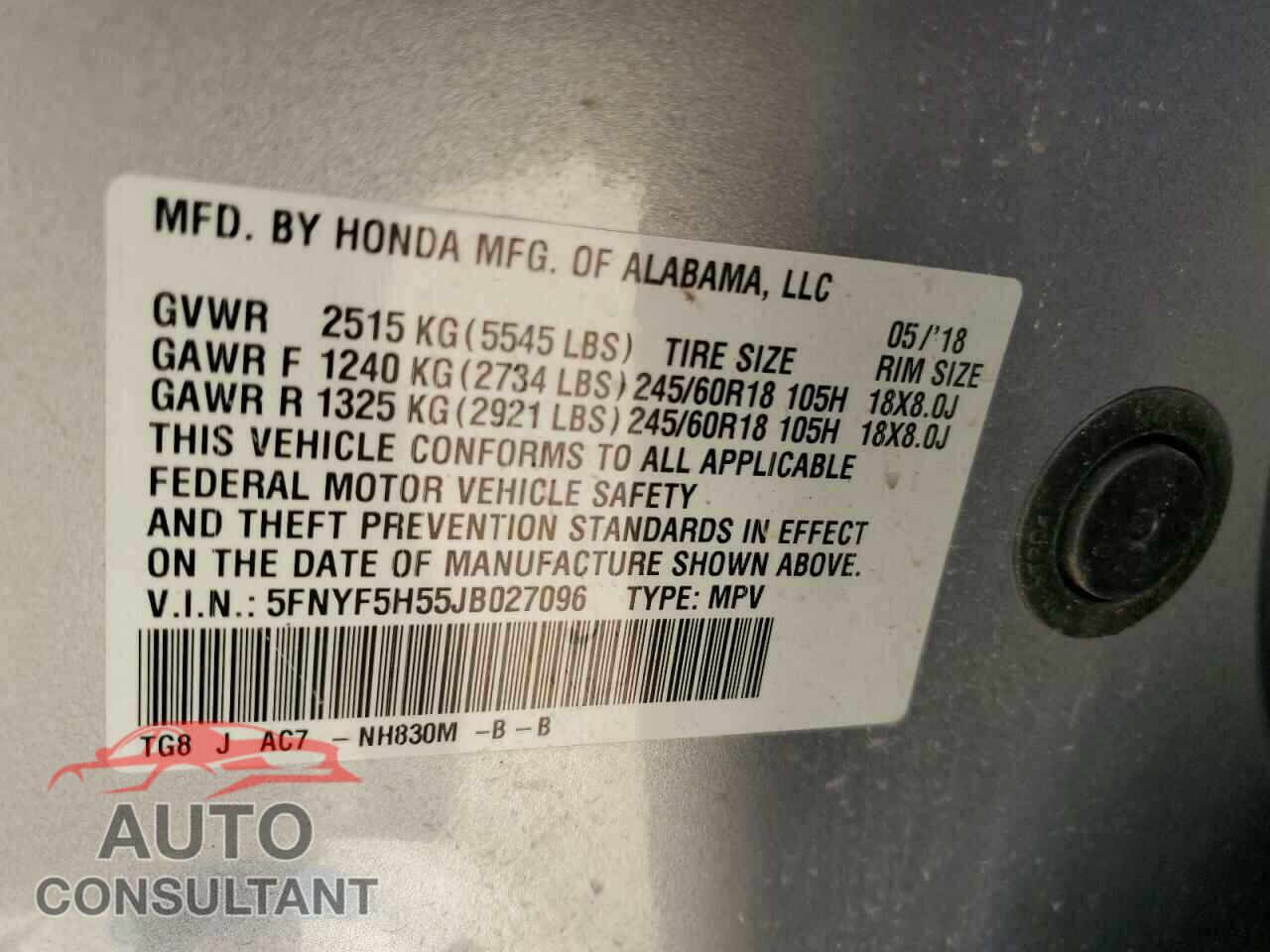 HONDA PILOT 2018 - 5FNYF5H55JB027096