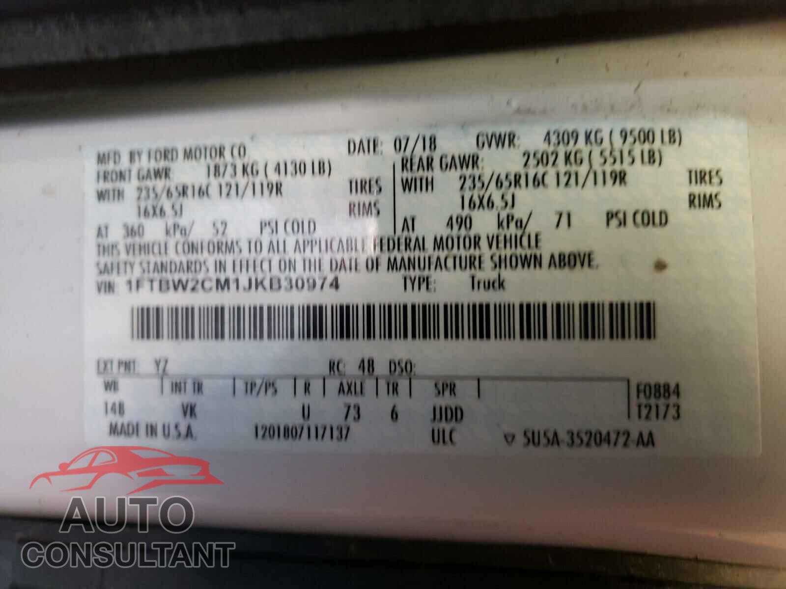 FORD TRANSIT CO 2018 - 1FTBW2CM1JKB30974