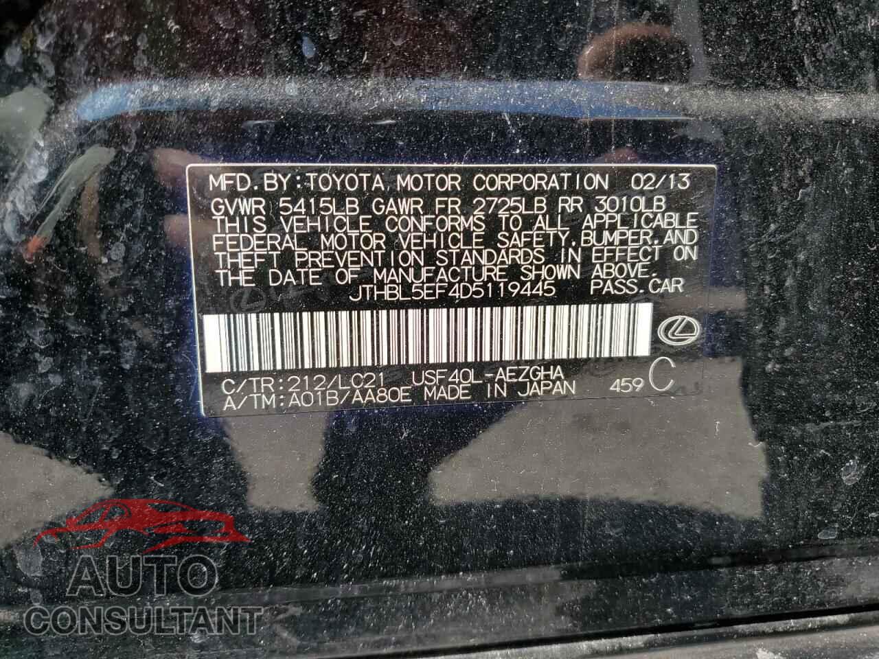 LEXUS LS460 2013 - JTHBL5EF4D5119445