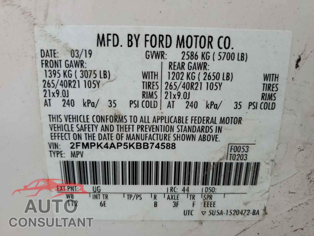 FORD EDGE 2019 - 2FMPK4AP5KBB74588