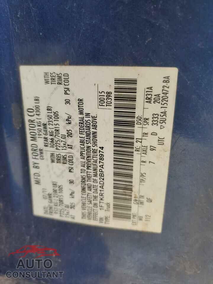 FORD RANGER 2011 - 1FTKR1AD2BPA78974