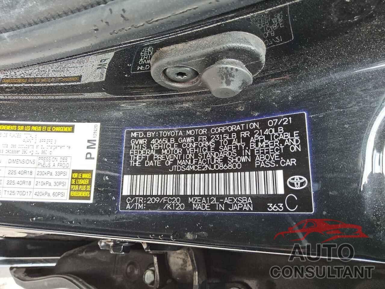 TOYOTA COROLLA 2022 - JTDS4MCE2NJ086800