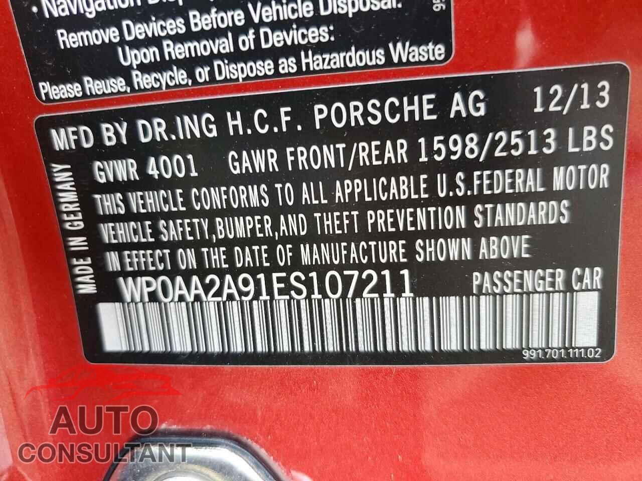PORSCHE 911 2014 - WP0AA2A91ES107211