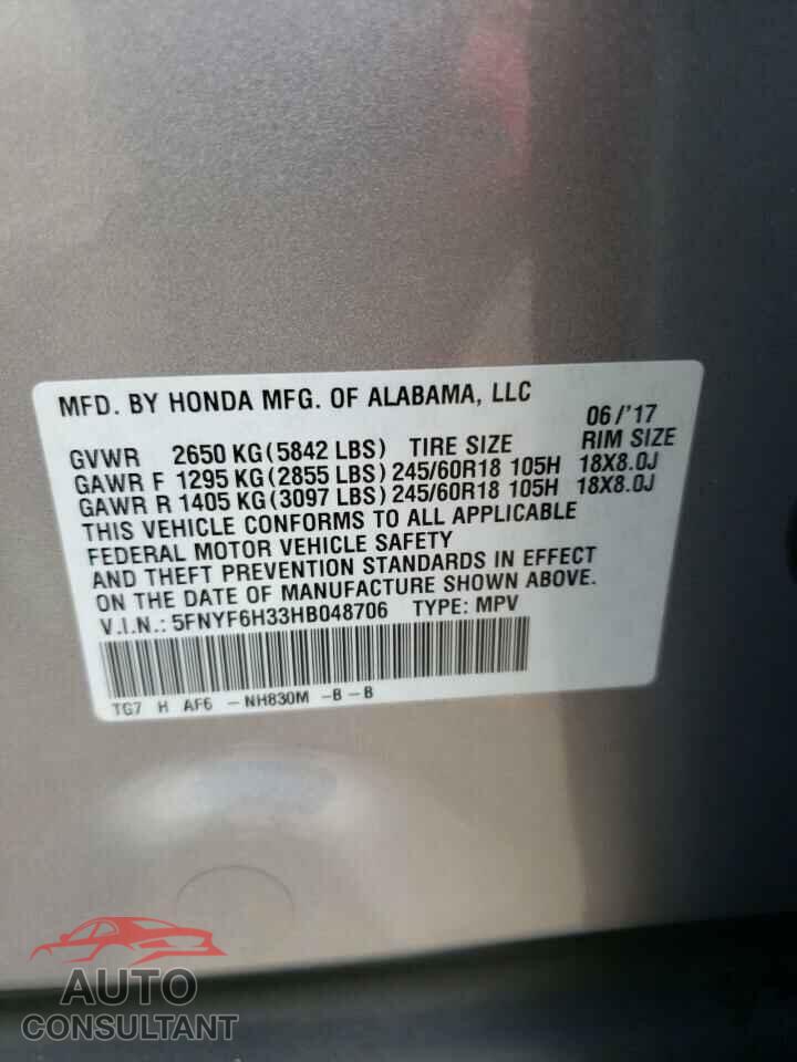 HONDA PILOT 2017 - 5FNYF6H33HB048706