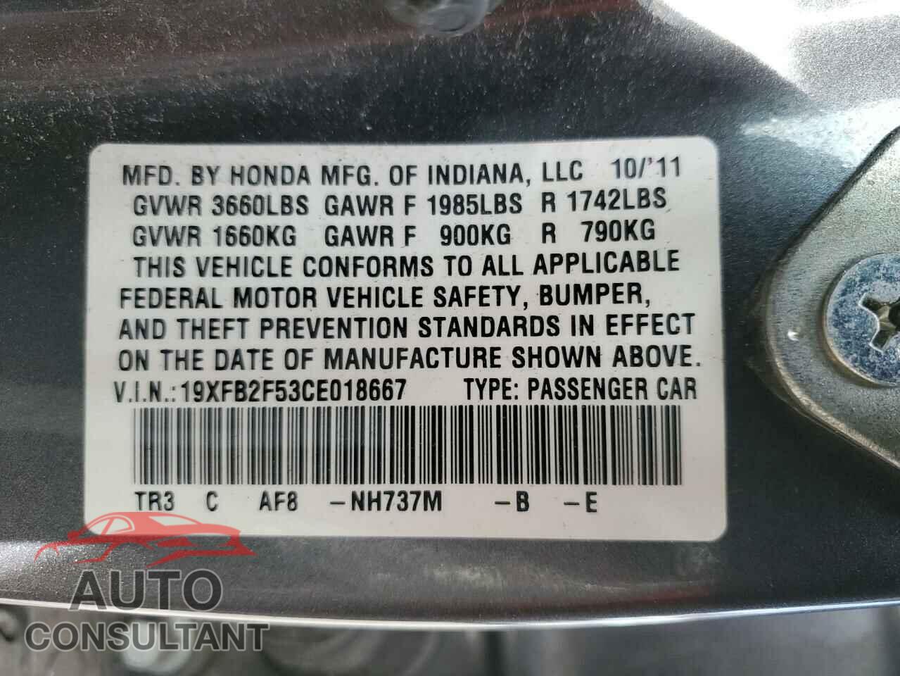 HONDA CIVIC 2012 - 19XFB2F53CE018667