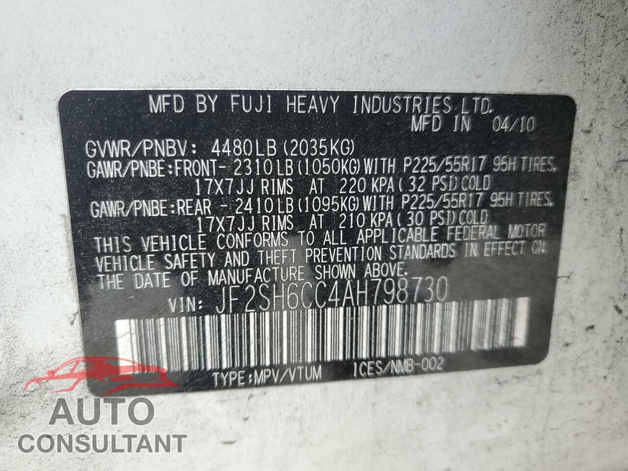 SUBARU FORESTER 2010 - JF2SH6CC4AH798730