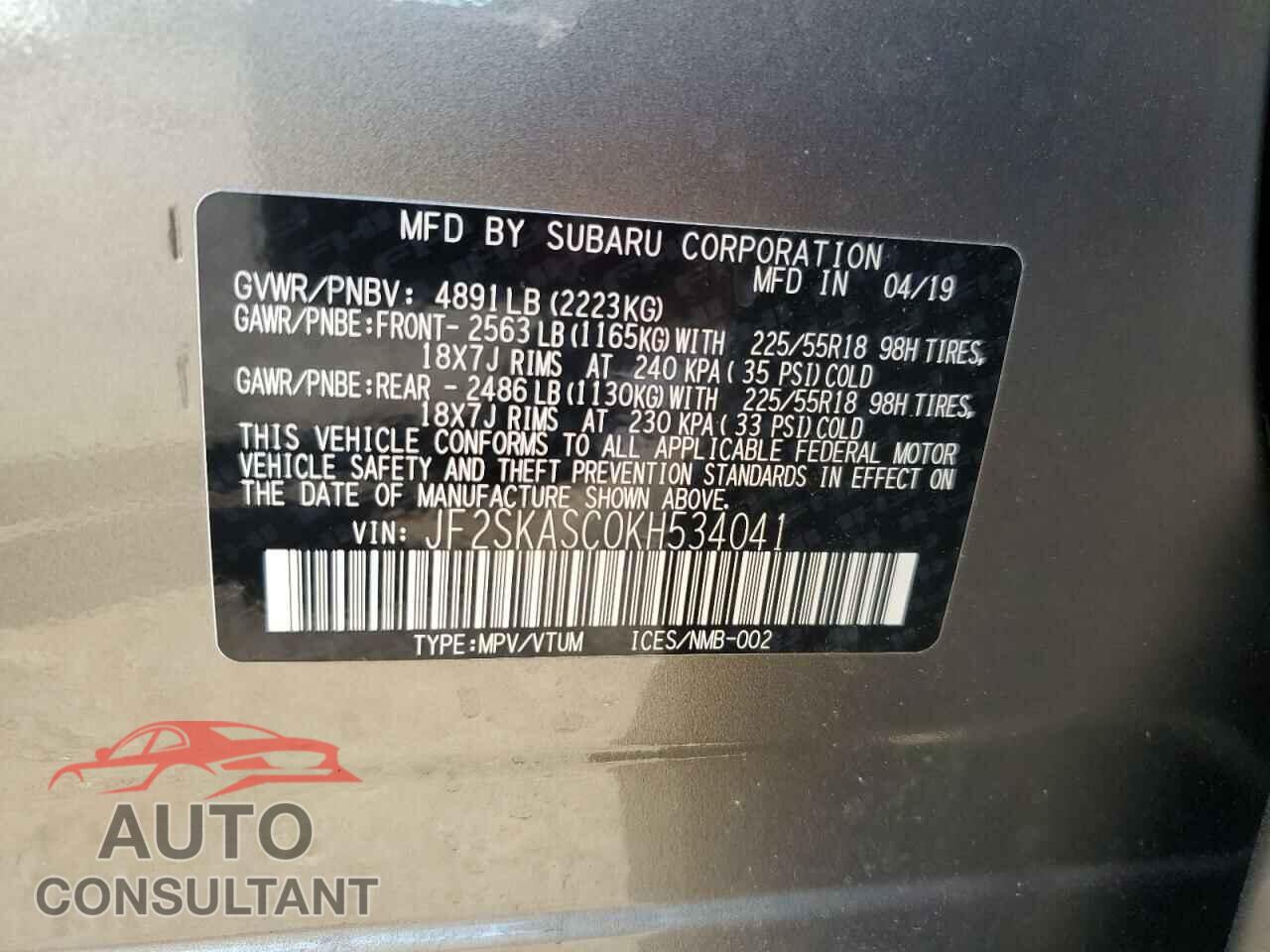 SUBARU FORESTER 2019 - JF2SKASC0KH534041