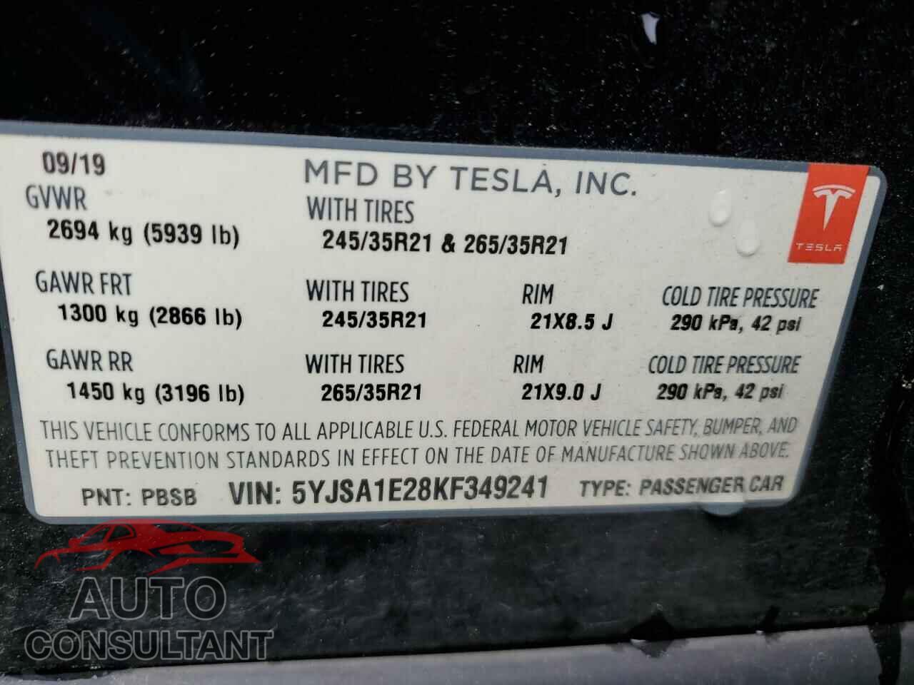 TESLA MODEL S 2019 - 5YJSA1E28KF349241