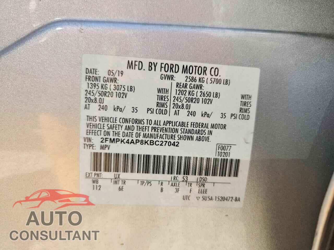 FORD EDGE 2019 - 2FMPK4AP8KBC27042