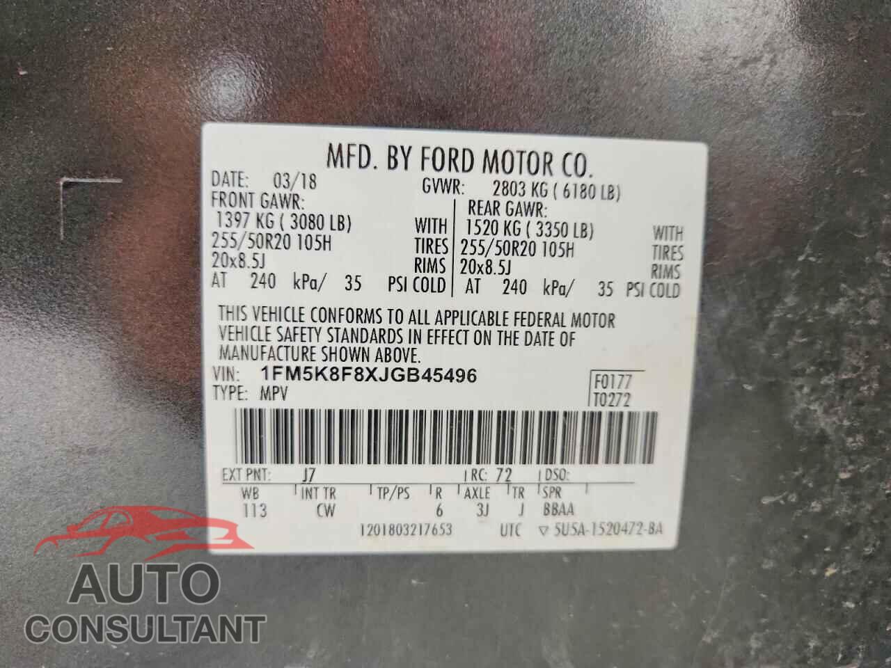 FORD EXPLORER 2018 - 1FM5K8F8XJGB45496