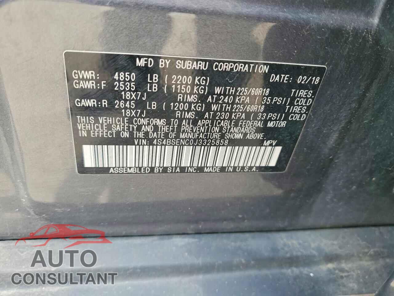 SUBARU OUTBACK 2018 - 4S4BSENC0J3325858