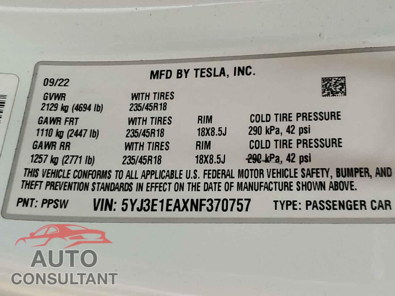 TESLA MODEL 3 2022 - 5YJ3E1EAXNF370757