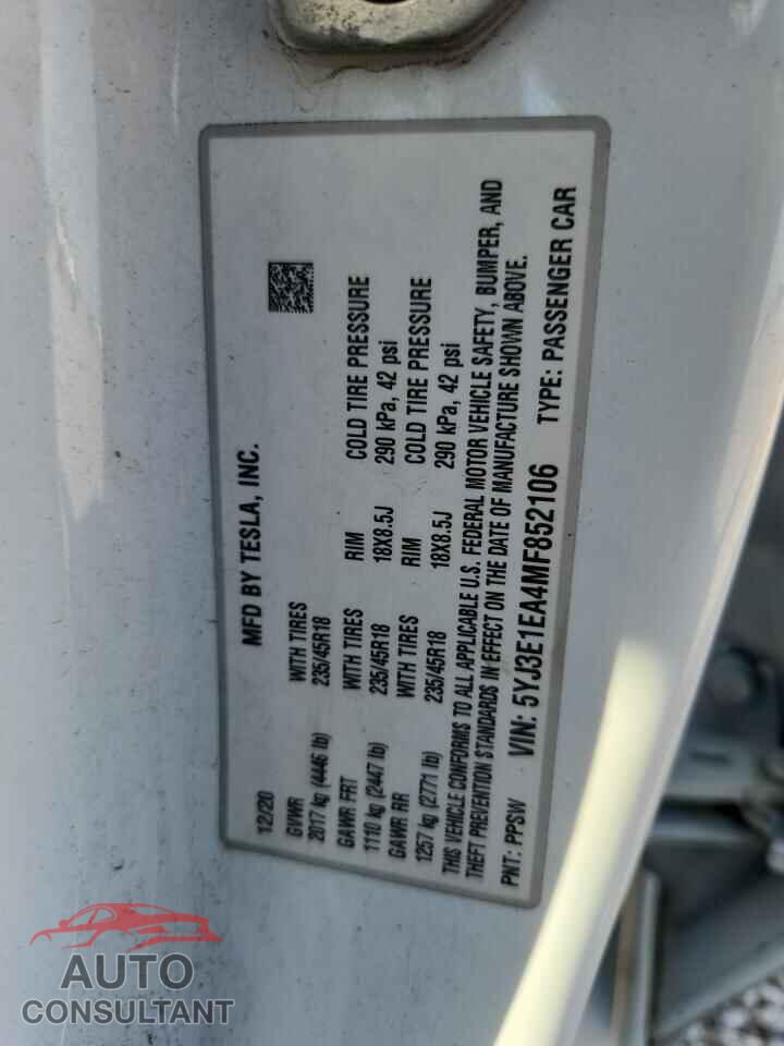 TESLA MODEL 3 2021 - 5YJ3E1EA4MF852106