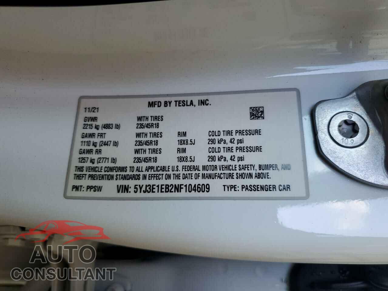 TESLA MODEL 3 2022 - 5YJ3E1EB2NF104609