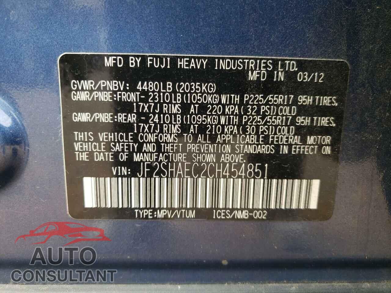 SUBARU FORESTER 2012 - JF2SHAEC2CH454851