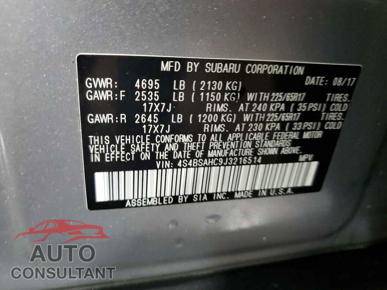 SUBARU OUTBACK 2018 - 4S4BSAHC9J3216514