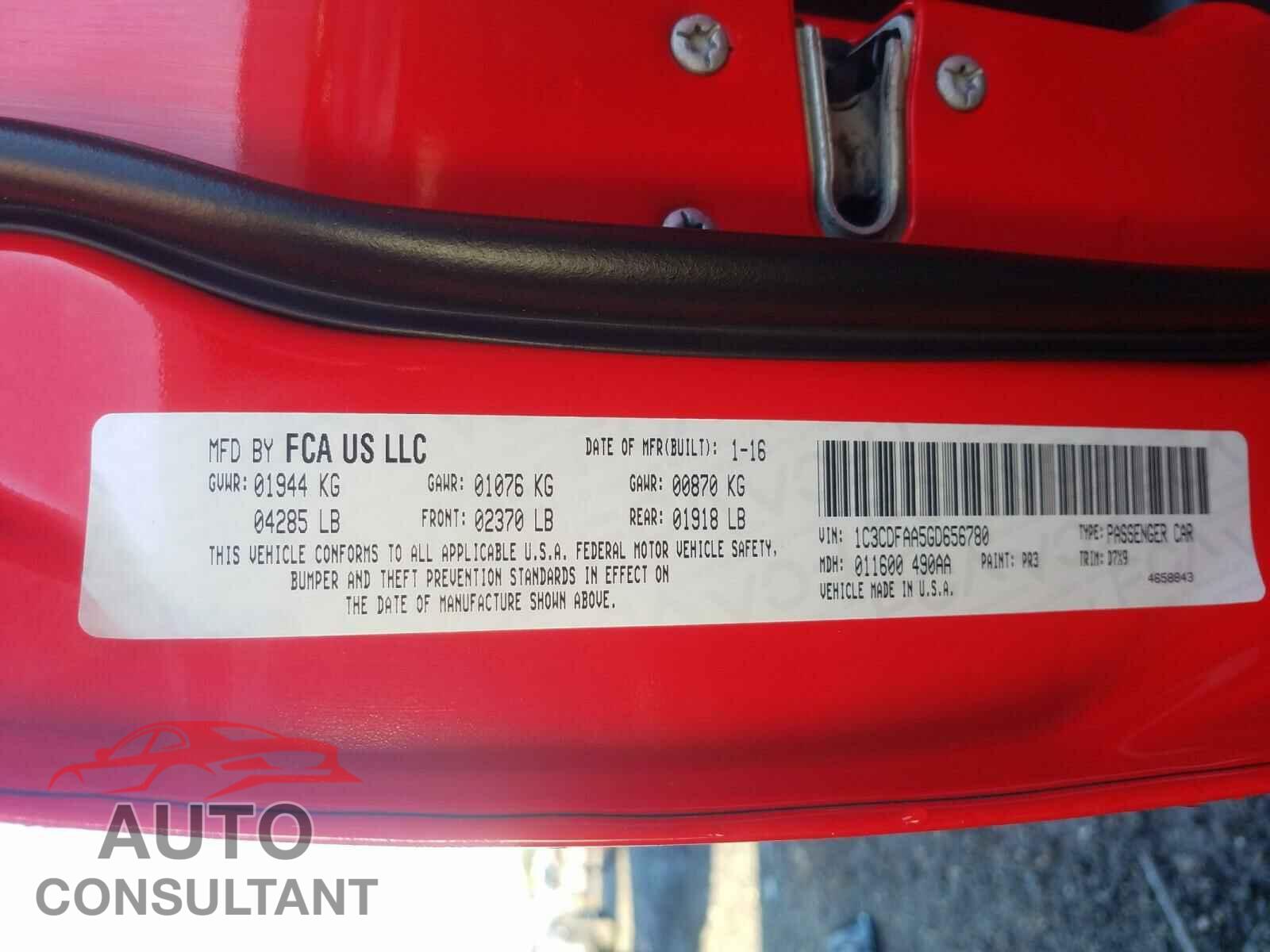 DODGE DART 2016 - 1C3CDFAA5GD656780
