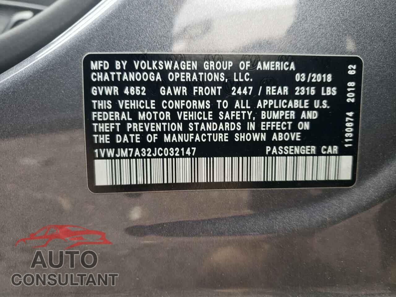 VOLKSWAGEN PASSAT 2018 - 1VWJM7A32JC032147