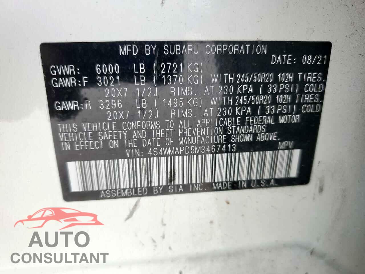 SUBARU ASCENT 2021 - 4S4WMAPD5M3467413