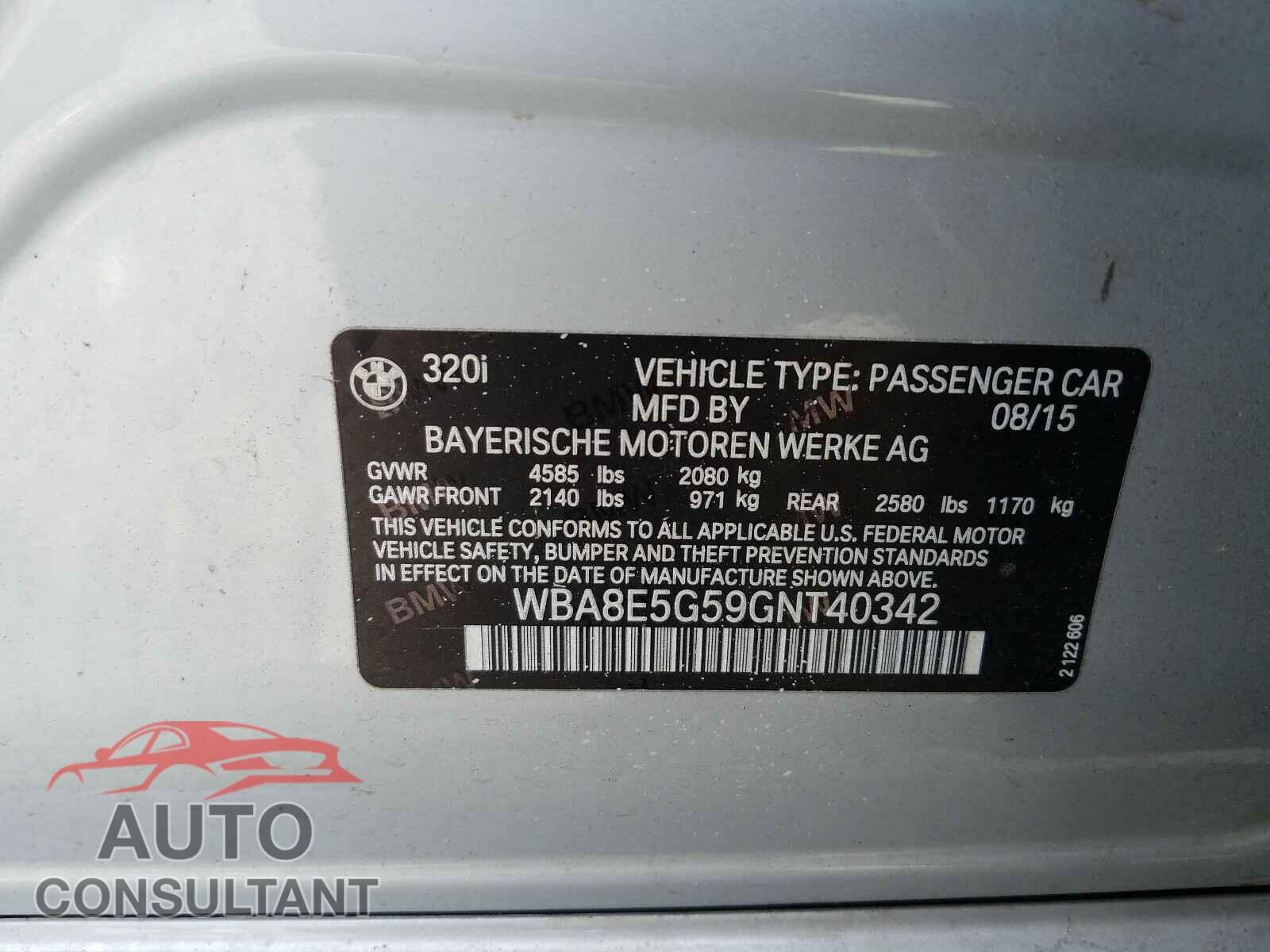 BMW 3 SERIES 2016 - WBA8E5G59GNT40342