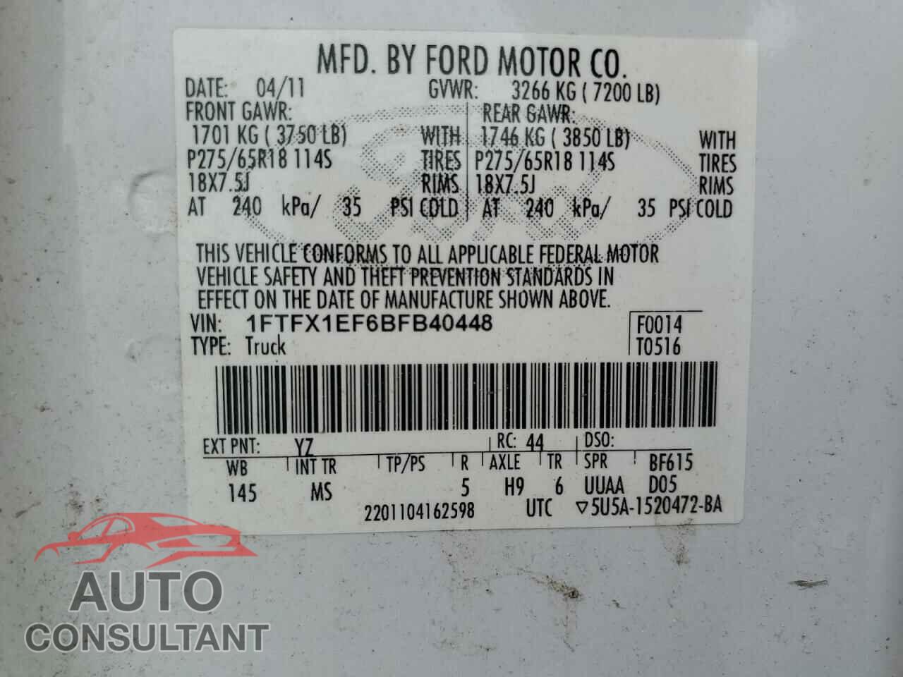 FORD F150 2011 - 1FTFX1EF6BFB40448