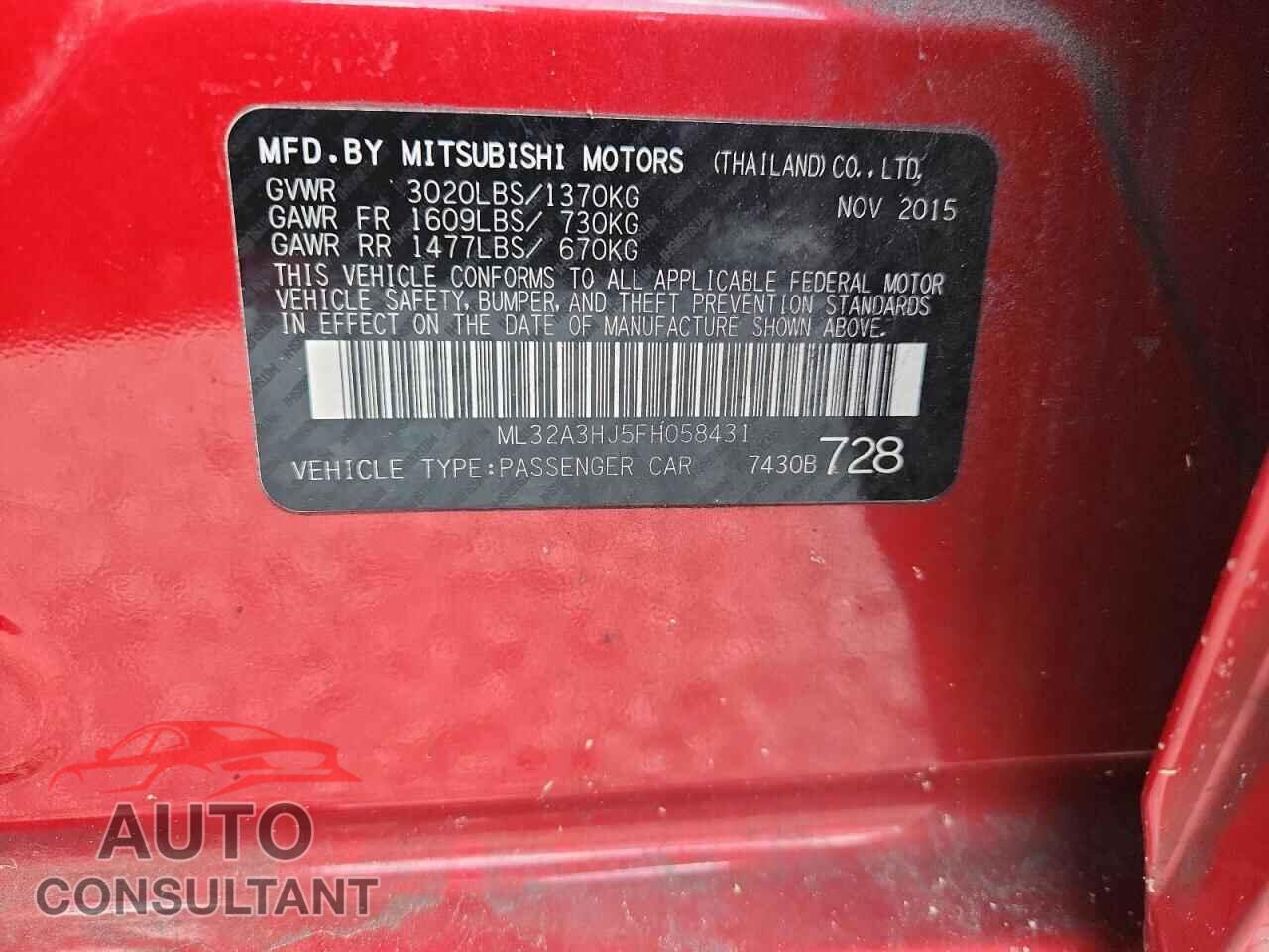 MITSUBISHI MIRAGE 2015 - ML32A3HJ5FH058431