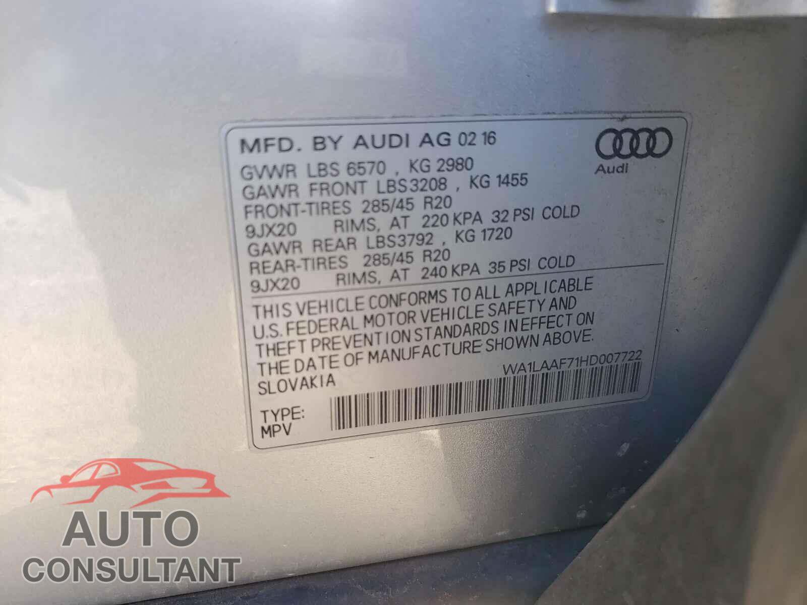AUDI Q7 2017 - WA1LAAF71HD007722