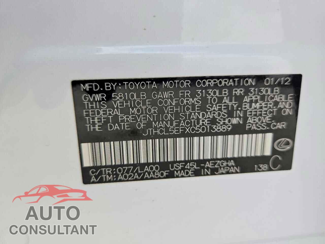 LEXUS LS460 2012 - JTHCL5EFXC5013889